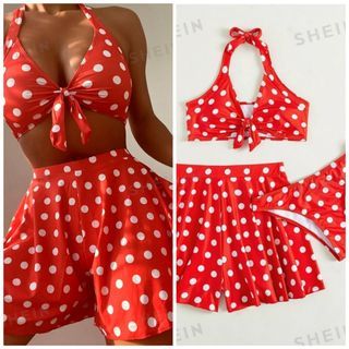 Two Piece Swimsuit & Beach Short (Large) Padded Halter Top & Bikini & Cover up Short Polka Dot 3in1 Swimwear