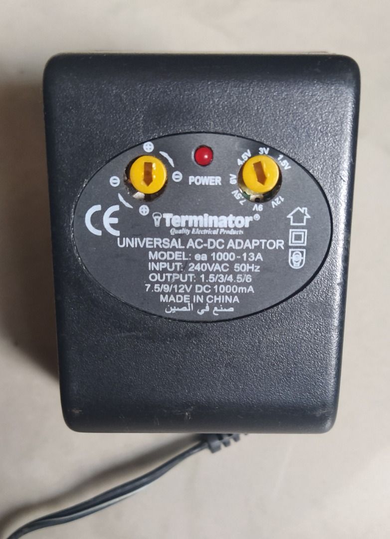 Universal AC-DC Adapter 1.5 to 12 Volts Stepdown Transformer (Category: Electrical, Adaptors & Sockets) located in Cainta. Submitted by sannypasc (Listing ID 1304692383, Image 1). Description: Terminator Universal AC-DC Adapter Model: ae 1000-13A Input Voltage: 240 VAC 50Hz Output Voltages: 1.5 / 3 / 4.5 / 6 / 7.5 / 9 / 12 Volts 1000mA With polarity selection Switch Multiple socket plug to adapt electronic devices. For Battery charging, Elect tro