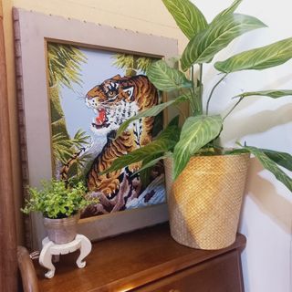 Vintage eclectic framed tiger embroidery wall decor
