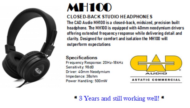CAD Audio MH100 Gen2 Compact light weight closed back monitoring headphone