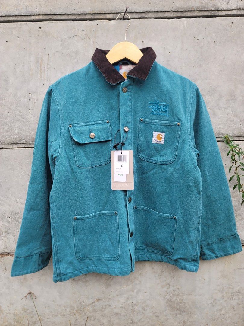 Carhartt x Stussy International Chore Coat Jacket Fesyen Pria Pakaian Baju Luaran di Carousell