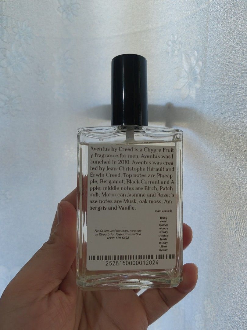 CREED AVENTUS 100ML OIL BASE PERFUME (Category: Fragrance & Deodorants) located in Taguig. Submitted by scentsbyempress (Listing ID 1304800892, Image 2). Description: Aventus by Creed is a Chypre Fruity fragrance for men. Aventus was launched in 2010. Aventus was created by Jean-Christophe Hérault and Erwin Creed. Top notes are Bergamot, Black Currant, Apple, Lemon and Pink Pepper; middle notes are Pineapple, Patchouli and Moroccan Jasmine; base 
