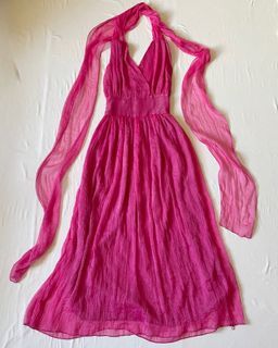 MY35. Hot Pink Soft Textured Crepe Halter Maxi Beach Dress / Gown | vintage y2k mermaid siren core fairycore coquette