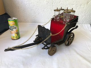 Vintage 15 inches Musical Wind-Up Metal Wagon Decanter and Shot Glasses Holder as-is