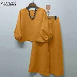 ZANZEA - Mustard Two-piece Flared Pants, Garterized Bell Sleeve Top Casual Set (size M)