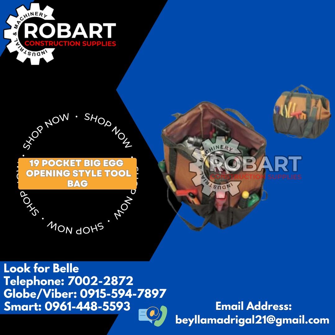 19 Pocket Big Egg Opening Style Tool Bag (Category: Construction Tools & Equipment) located in Manila. Submitted by bellarobart (Listing ID 1305019803, Image 1). Description: 19 POCKET BIG EGG OPENING STYLE TOOL BAG Model: BG-15P 𝑹𝑶𝑩𝑨𝑹𝑻 𝑪𝑶𝑵𝑺𝑻𝑹𝑼𝑪𝑻𝑰𝑶𝑵 𝑺𝑼𝑷𝑷𝑳𝑰𝑬𝑺 #RobartConstructionSupplies #robartph #constructionmaterials #industrialsupply Office Address: 1405 Yuseco St. Sta Cruz Manila SEND US MESSAGE FOR INQUIRIES ‼️‼️ 🔵1