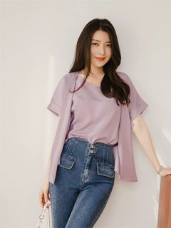溫柔 舒適 不易皺 假兩件 短袖 上衣 淺紫 大碼 加大 Purple Top Short Sleeves XL XXL64223197563906110