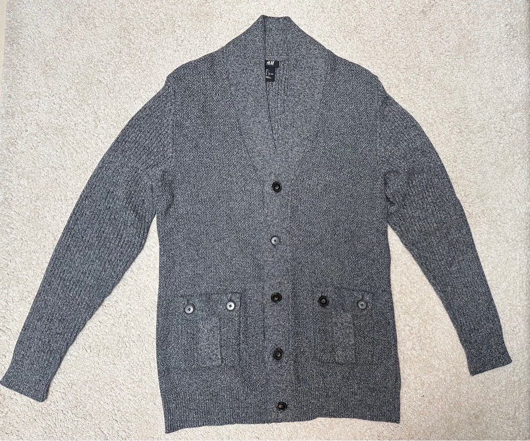 H&M men's grey cardigan sweater knit coat jacket size L 男裝灰色開