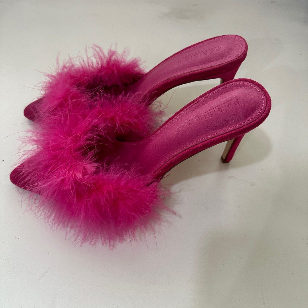 [Parisian] Pink Fur Heels (Category: Heels) located in Manila. Submitted by miumusee (Listing ID 1305076923, Image 3). Description: •Original Price: ₱ 1,499 •RFS: Used for a fashion show once only •Does not come with a box •MOP: Gcash only •Shipping will be shouldered by the buyer .