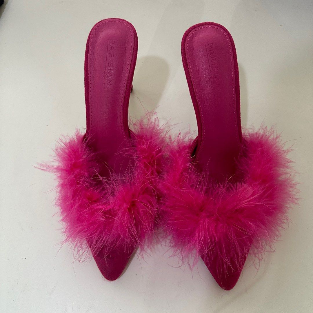 [Parisian] Pink Fur Heels (Category: Heels) located in Manila. Submitted by miumusee (Listing ID 1305076923, Image 2). Description: •Original Price: ₱ 1,499 •RFS: Used for a fashion show once only •Does not come with a box •MOP: Gcash only •Shipping will be shouldered by the buyer .