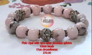 Pink Opal with 3pcs Silver Zirconian Spheres Bracelet