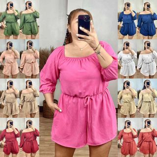 Plus Size 3/4 Sleeves 2 Way Off Shoulder Molly Jumpshort / Romper with Tie - Linen Wrinkles Fabric