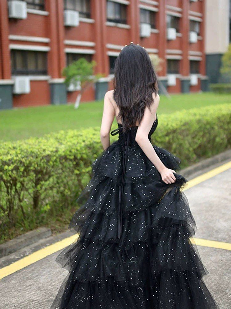 PO Black layered Dress sparkly glitter starry night style off shoulder strapless prom birthday party celebration awards graduation Women s Fashion Dresses Sets Evening dresses gowns on Carousell