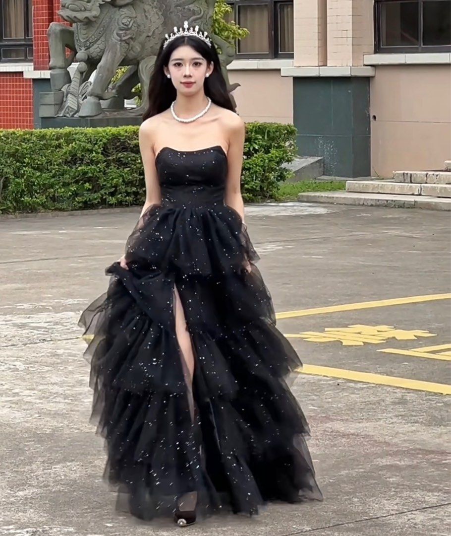PO Black layered Dress sparkly glitter starry night style off shoulder strapless prom birthday party celebration awards graduation