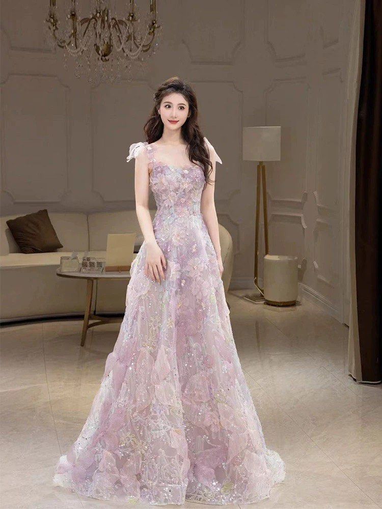PO light Purple floral Evening Gown sparkly lace Birthday tea