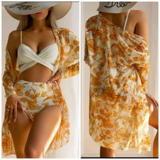 Two Piece Swimsuit & Beach Kimono (Medium) Push up pads High Waist Bikini & Cover up Kimono 3in1 Swimwear
