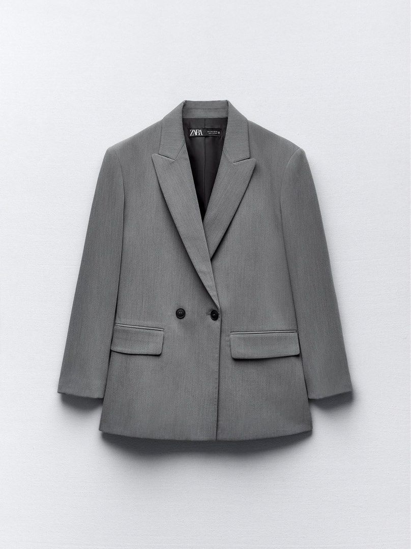 ZARA OVERSIZED BLAZER WITH PADDED SHOULDERS GREY, Women's Fashion