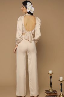 ZOO Label Brisa Pants Set Puff Sleeve Top Open Tie back with Wide Leg Pants (Light Nude Silk)