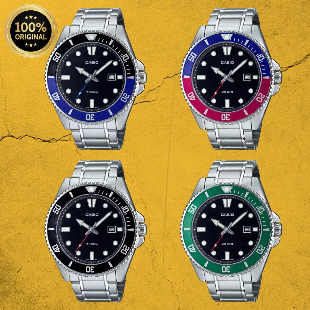 Casio Diver's Watch MDV-107D Series (Category: Men's Watches) located in Manila. Submitted by watchforlessofficial (Listing ID 1305146033, Image 1). Description: 12.1 mm Weight 144 g Case and bezel material Stainless steel / Aluminum Band Stainless Steel Band One-touch 3-fold Clasp Water resistance 200-meter water resistance Power supply and battery life Approx. battery life: 3 years on SR626SW Exterior Glass Mineral Glass Back plate Screw Lock B