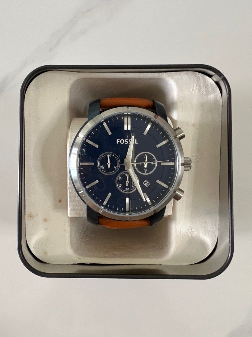 Fossil BQ2159 Blue Dial Brown Leather Strap Watch