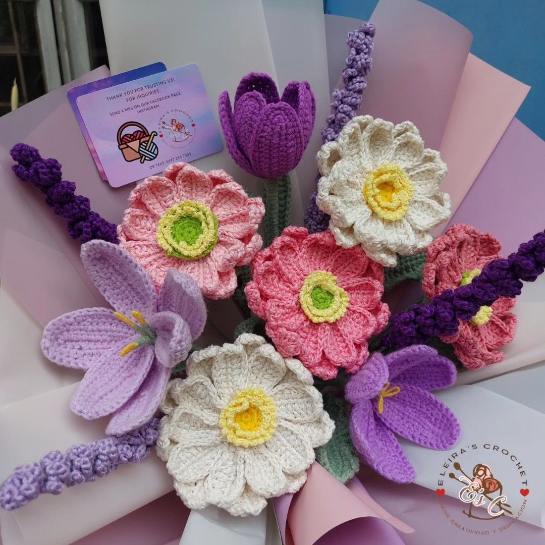 Gerbera, Tulips, and Lavanders Crochet Bouquet (Category: Flowers & Bouquets) located in Manila. Submitted by eleirasc205 (Listing ID 1305186365, Image 2). Description: 5 Gerberas 3 Tulips 4 Lavanders Colors can be customized Lead time: 1 week Location: Valenzuela City Mop: G cash and bank transfer Mod: Lalamove and JRS.