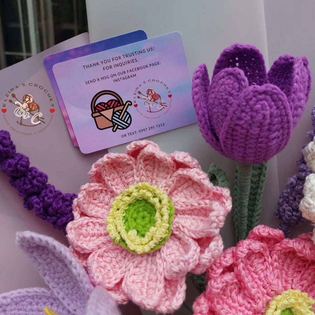Gerbera, Tulips, and Lavanders Crochet Bouquet (Category: Flowers & Bouquets) located in Manila. Submitted by eleirasc205 (Listing ID 1305186365, Image 3). Description: 5 Gerberas 3 Tulips 4 Lavanders Colors can be customized Lead time: 1 week Location: Valenzuela City Mop: G cash and bank transfer Mod: Lalamove and JRS.