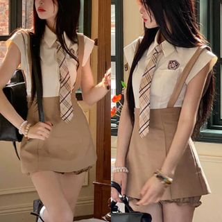HQ Brand New Brown and White / Cream Kawaii Korean Polo and Skirt Coordinates Set with Necktie and Suspender / Korean Concert Outfit