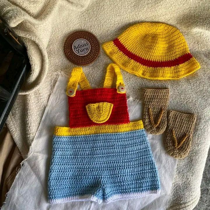 Luffy Crochet Costume for Babies (Category: Babies & Kids Fashion) located in Cainta. Submitted by cattrader (Listing ID 1305304278, Image 1). Description: Luffy Crochet Costume for Babies 4 to 6 months old. Isang beses lang ginamit pang-picture..