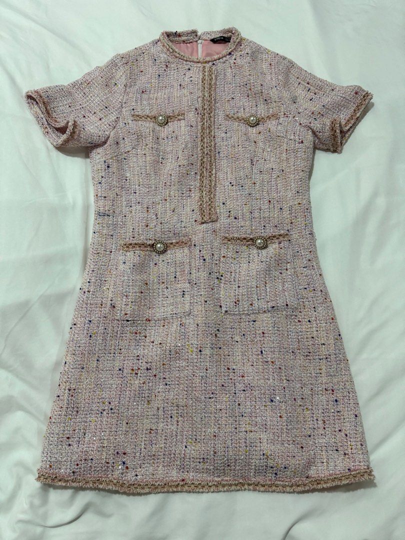 pink tweed dress shein SHEIN Priv 1pc Plaid Pattern Flap Detail Button Front Tweed Dress