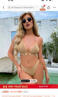 SHEIN Swim Summer Beach Shell Detail Halter Tie Side Bikini Swimsuit With SHEIN Swim Women Solid Color Hollow Out Drawstring Cover Up Shorts,