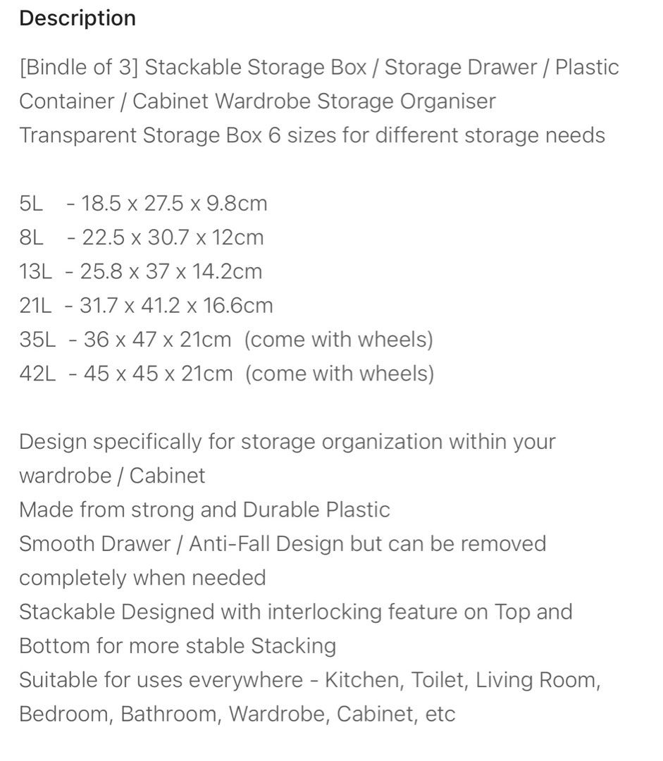 Stackable Plastic Storage Box/Drawers (Category: Storage Boxes & Baskets) located in Singapore. Submitted by maxime2 (Listing ID 1305224713, Image 2). Description: Stackable Bundle of 3 Can be used as 1 piece, each box has 4 wheels Wheels ca be removed if want to stack Good condition Self collect RFS: buying bigger size.
