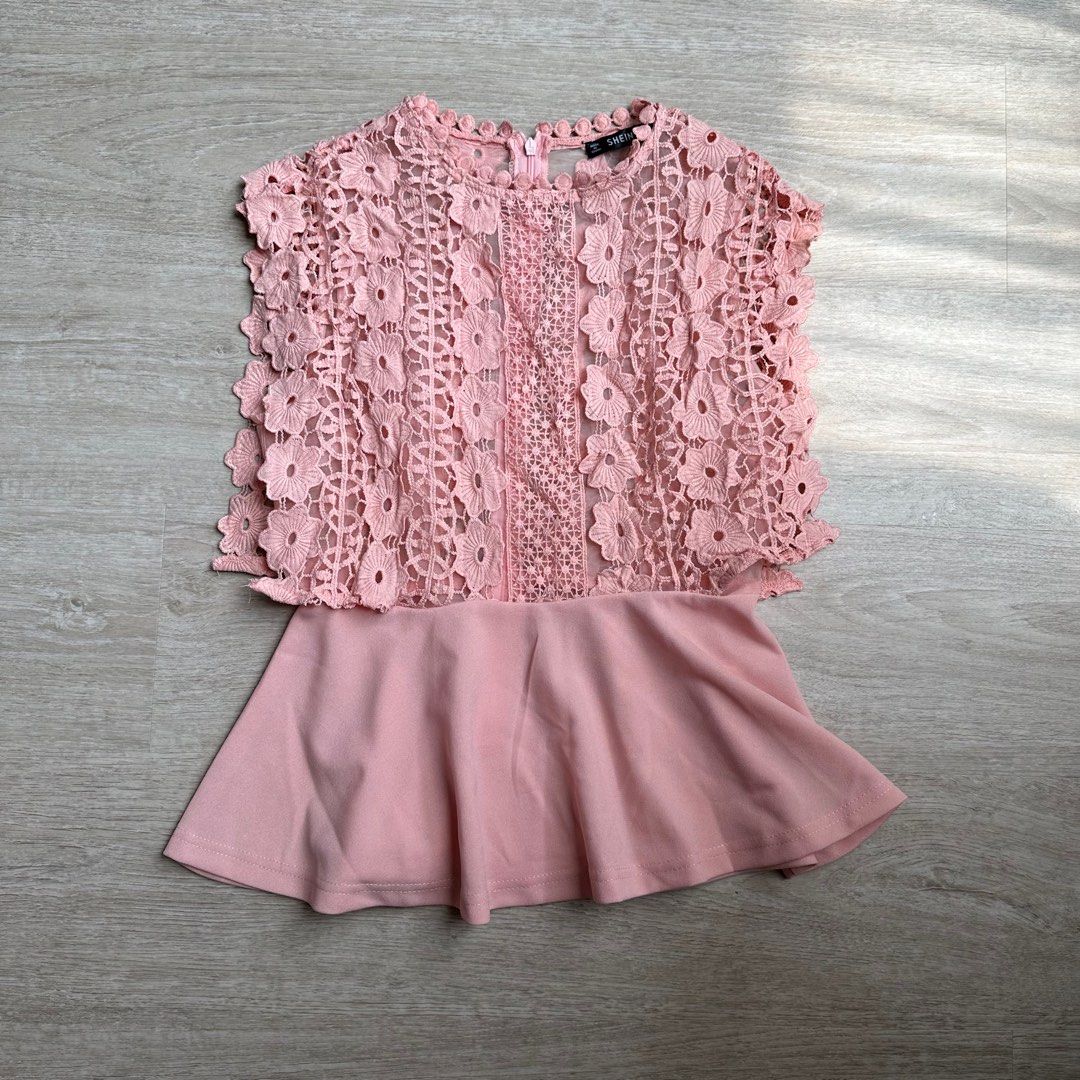 Top atasan shein ori lucu bagus embroidery lace pink ruffle lengan