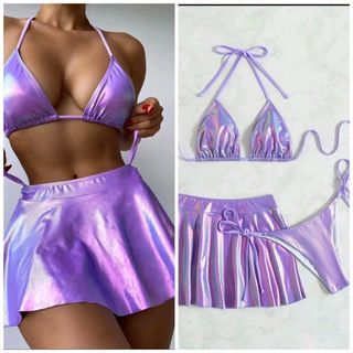 Two Piece Swimsuit & Skirt (Medium) Padded Halter Triangle Bra & Tie Side Bikini & Beach Skirt Cover up 3in1 Swimwear Lilac Purple