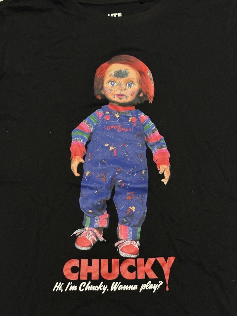 UNIQLO Chucky Shirt (Category: Shirts) located in Davao. Submitted by adi_adore (Listing ID 1305275367, Image 3). Description: - From Japan - Size Large on tag - Can fit small to medium (fitted type) - The shirt is in good condition and has no holes, but the print is peeling off, and I suggest you hand wash it to avoid further damage. Tape Measurements (shoulder/sleeve/length/width) - 14.4/5.4/24/17 inches MOP: Gcash .