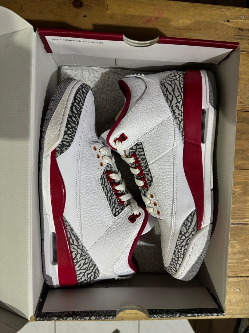 Air Jordan 3 Retro Cardinal (Category: Sneakers) located in Manila. Submitted by fastgear (Listing ID 1305448037, Image 3). Description: Air Jordan 3 Retro Cardinal Red Size: US 10 (mens) Condition: PADS, Used only once Box is also like new RFS: Downsizing my collection Payment: Meet-up, Gcash or Bank Transfer Meet up in QC and CAMANAVA preferably in SM North and SM Grand Central Size: EU 44 / UK 9 / US 10.