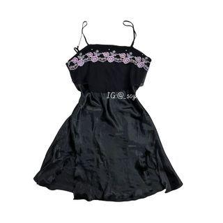 Black lilac embroidered silk night slip dress sleepwear