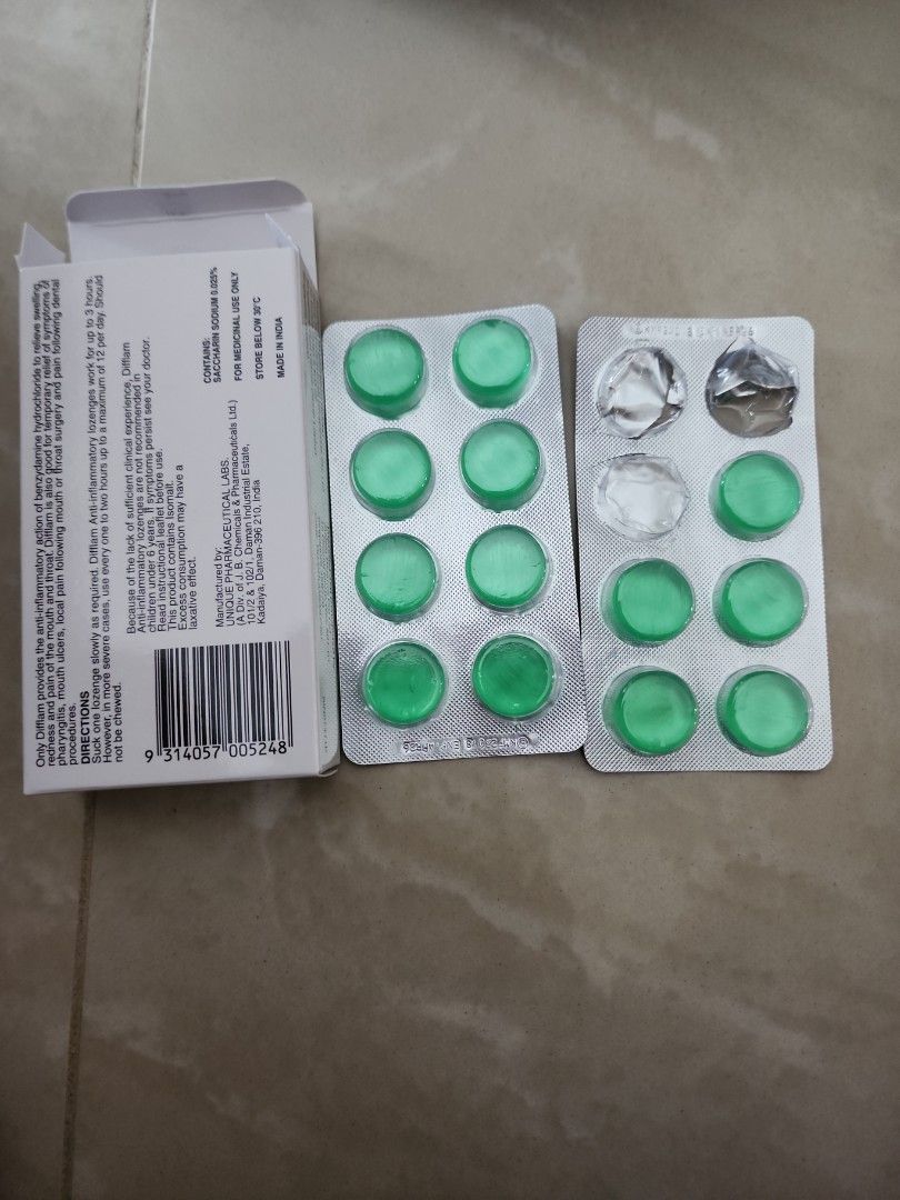 Difflam Lozenges (Category: Vitamins & Supplements) located in Singapore. Submitted by sushicat (Listing ID 1305379950, Image 3). Description: used 3 lozenges.Balance 13 lozenges. Expiry 2026. $8 self collect Punggol Kadaloor LRT stn or singpost tracked mail at $2..