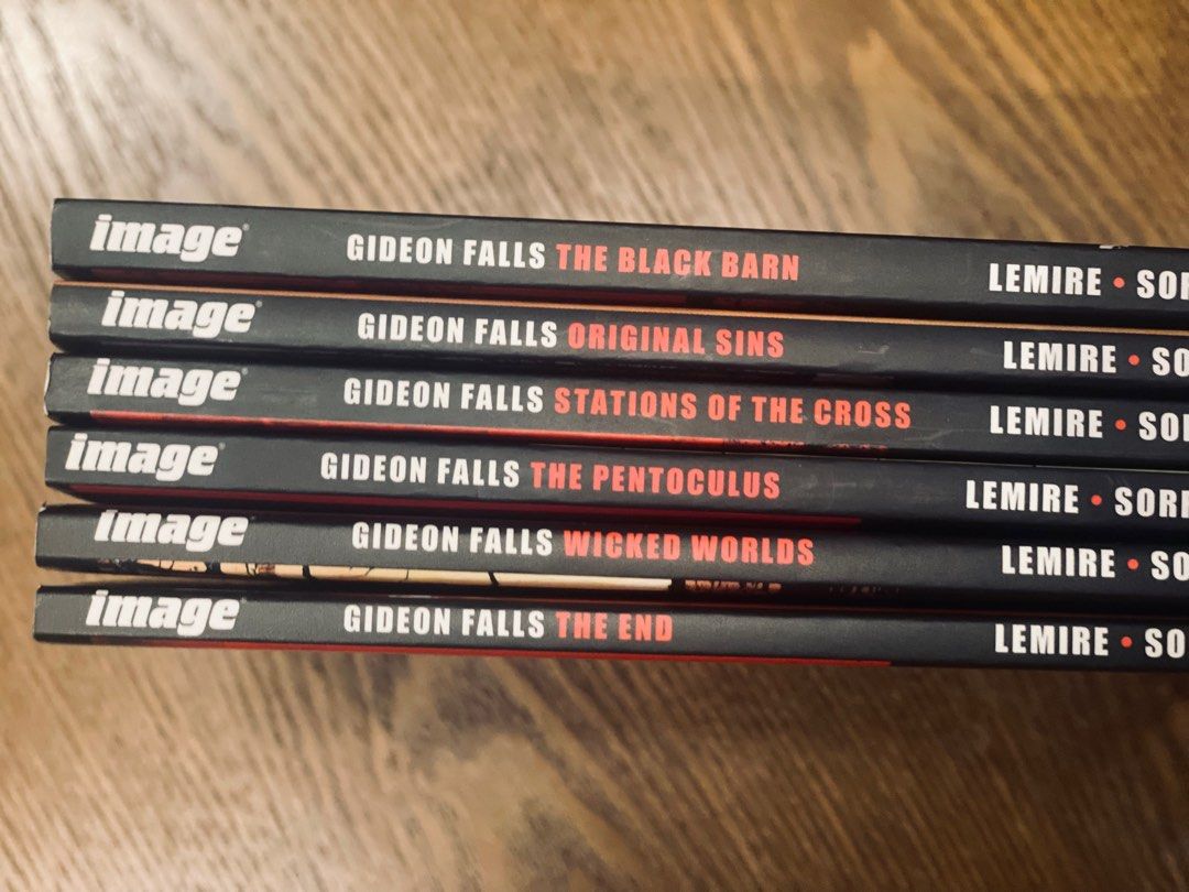 Gideon falls 1-6 (Complete Set) (Category: Storybooks) located in Manila. Submitted by inchob (Listing ID 1305471529, Image 1). Description: Rfs: done reading. Needs more book space. This listing is for a FULL run of Gideon Falls graphic novels, collecting vol 1-6 written by Jeff Lemire and drawn by Andrea Sorrento and released by Image Comics Press. Gideon Falls Volume 1: The Black Barn Gideon Falls Volume 2: Original Sins Gideon Falls Volume 3: