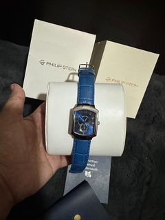 Like New: Philip Stein Square Watch Blue Dial; Croc Strap