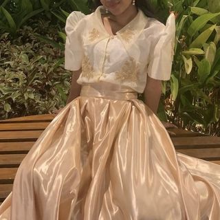 Modern Barong Filipiniana Dress / Top & Skirt for Formal Event or Graduation Small Beige Cream [FOR RENT]