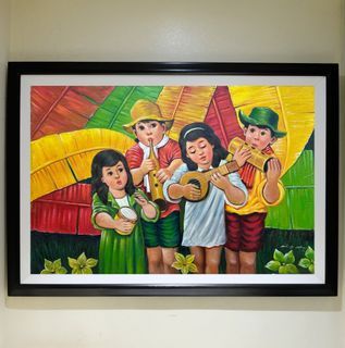MUSIC LOVING KIDS 40x29 inches OIL ON CANVAS Painting with Wood Frame, Ready to Hang