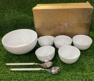 Richfield Tachikichi White Porcelain Embossed Flowers Bowl with Backstamp 1pc Serving Salad Bowl 8.25” x 4” inches, 4pcs Dessert Bowl 4.25” x 2.5” inches with Serving Spoon and Fork and Box  - P1,300.00 Take All