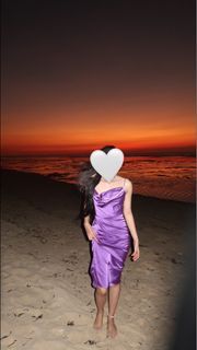 satin purple cowl neck evening gown / dress