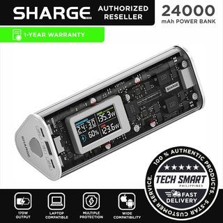 SHARGE 170 Power Bank, 170W 24000mAh Portable Charger with IPS Screen, IP66 Waterproof Transparent Battery Pack with 3 Port Compatible with iPhone 15/14/Series, Samsung, MacBook, and More