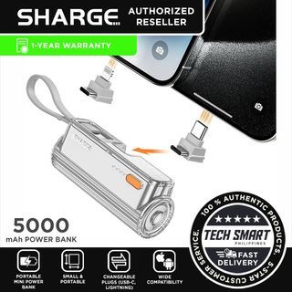 SHARGE Flow Mini, 5000mAh Small Power Bank with Changeable Plugs and Built in Cable, Dual Output USB-C Portable Charger for 15/14/13/Pro/Max, iPad, MacBook, Galaxy, Google Pixel