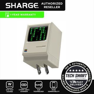 SHARGE USB C Charger, Retro 67 Power Display 3-Port Fast GaN Charger with Digital Rain, 67W Foldable Wall Charger for for iPhone 15/14/13/Pro/Max, iPad, MacBook, Galaxy, Google Pixel