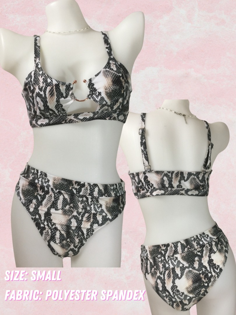 Women Two-piece Swimsuit Snake Print Hot Pink Backless Micro Thong Bikini Set Beachwear Cross front