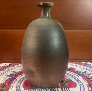 V14 Stoneware Handcrafted Lava Pattern Brown Green Black Tall Vase with Engrave Markings and Flaw as posted 12” x 6” x 2.5” inches - P599.00