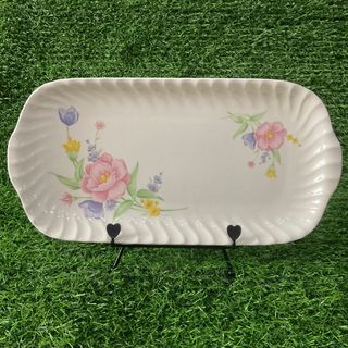 B4 Tominaga Ceramic Pink Purple Yellow Flower Garden Scalloped Rim Pattern Rectangle Crazing Serving Plate Tray 14.25” x 7.25” inches, 1pc available - P399.00