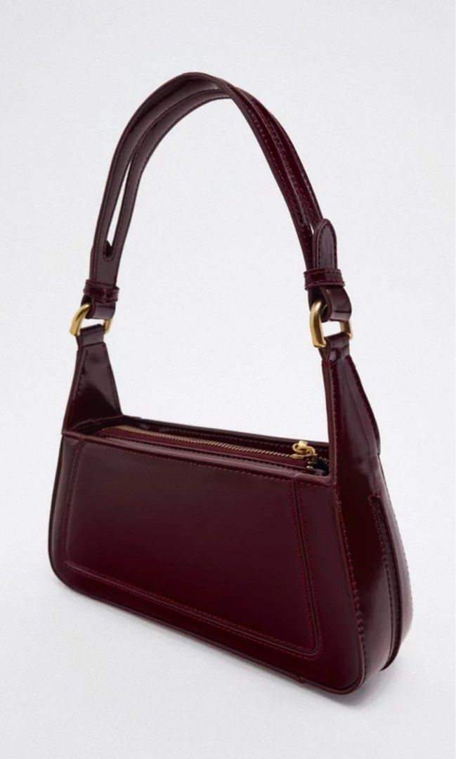 Zara faux patent finish shoulder bag in burgundy/wine red, Women's